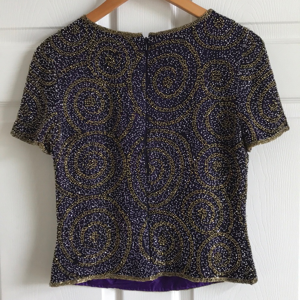 SCALA Silk beaded Top / purple‎ & gold / SZ S - Picture 6 of 8